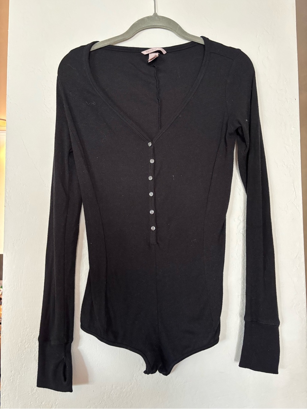 Victoria's Secret Black Long-Sleeve Henley Ribbed Bodysuit